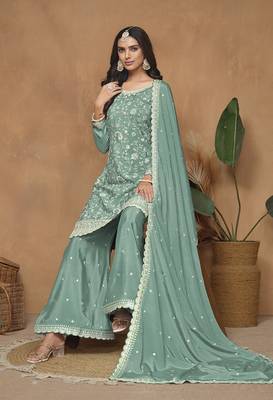 Turquoise chinon embroidered salwar kameez 3