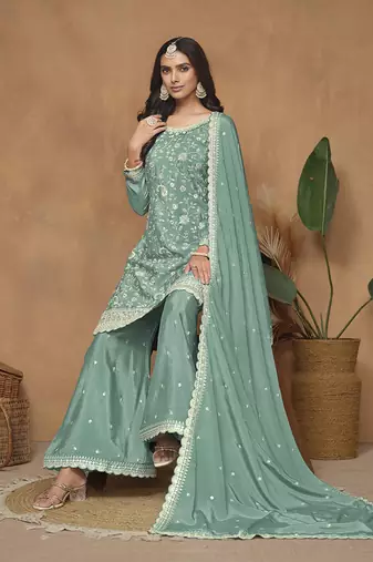 Turquoise chinon embroidered salwar kameez