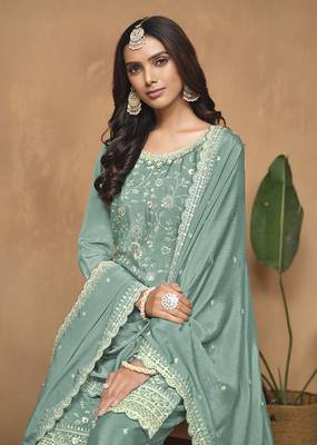 Turquoise chinon embroidered salwar kameez 4