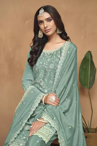 Turquoise chinon embroidered salwar kameez