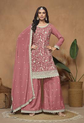 Peach chinon embroidered salwar kameez 1