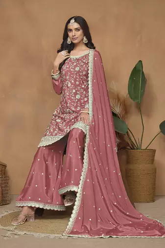 Peach chinon embroidered salwar kameez