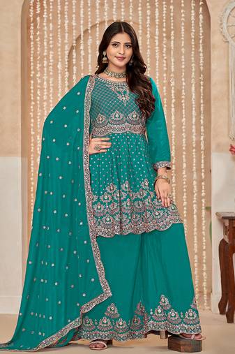 Chinon embroidered party designer salwar kameez in turquoise