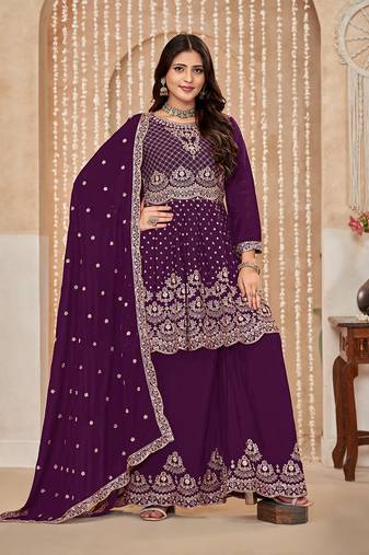 Chinon embroidered party designer salwar kameez in wine