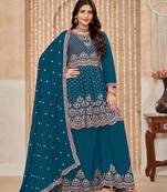 Chinon embroidered party designer salwar kameez in teal blue