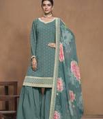 Teal embroidered roman silk designer salwar kameez