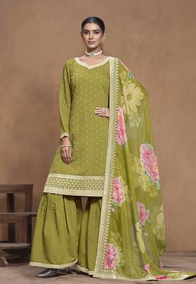 Light olive embroidered roman silk blend salwar kameez 1