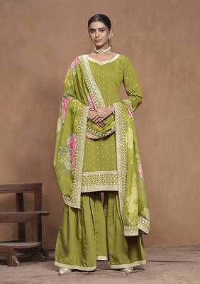 Light olive embroidered roman silk blend salwar kameez 2
