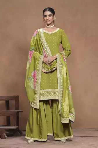 Light olive embroidered roman silk blend salwar kameez
