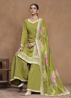 Light olive embroidered roman silk blend salwar kameez 3