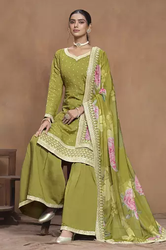 Light olive embroidered roman silk blend salwar kameez