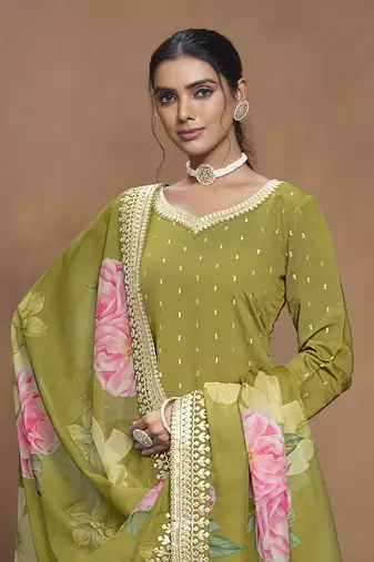 Light olive embroidered roman silk blend salwar kameez
