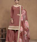 Dark coral embroidered roman silk designer salwar kameez