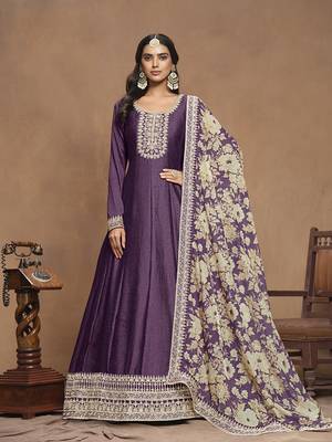 Embroidered art silk blend dark purple gown 1