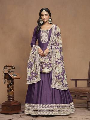 Embroidered art silk blend dark purple gown 2
