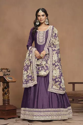 Embroidered art silk blend dark purple gown