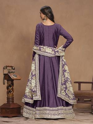 Embroidered art silk blend dark purple gown 3
