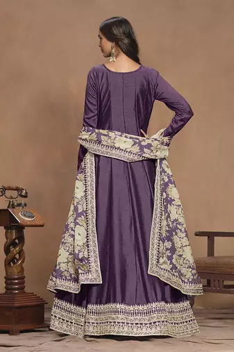 Embroidered art silk blend dark purple gown