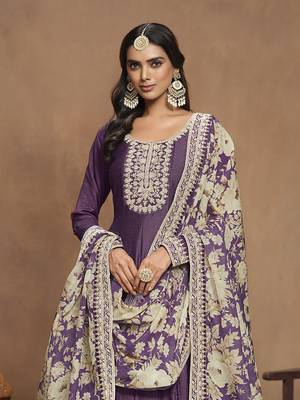 Embroidered art silk blend dark purple gown 4