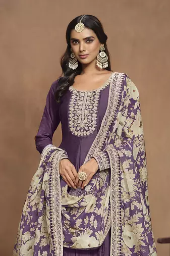 Embroidered art silk blend dark purple gown