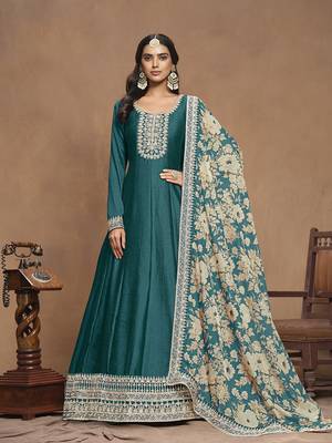 Embroidered art silk teal gown 1