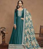 Embroidered art silk teal gown