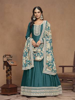 Embroidered art silk teal gown 2