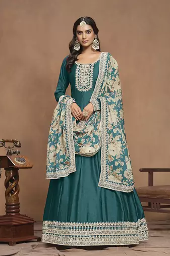 Embroidered art silk teal gown