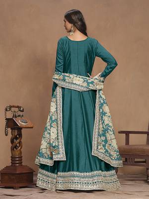 Embroidered art silk teal gown 3