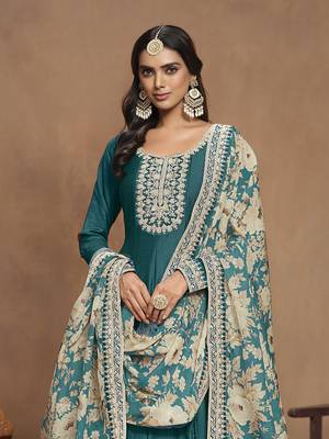 Embroidered art silk teal gown 4