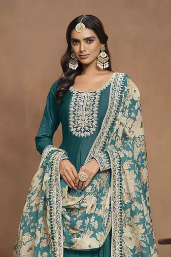 Embroidered art silk teal gown