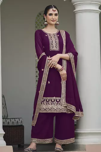 Georgette wine embroidered salwar kameez