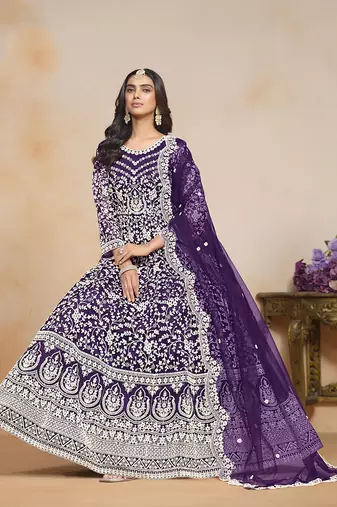 Purple net floor length salwar kameez
