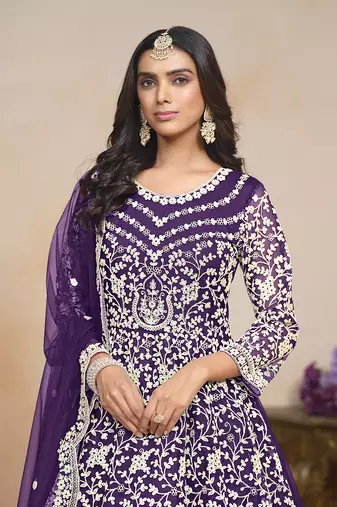 Purple net floor length salwar kameez