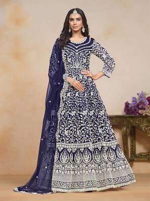 Navy blue net floor length salwar kameez 1