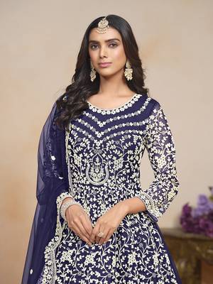 Navy blue net floor length salwar kameez 4