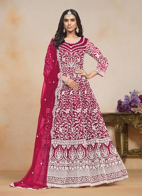 Rani pink net floor length salwar kameez 1