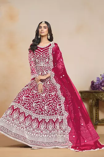 Rani pink net floor length salwar kameez
