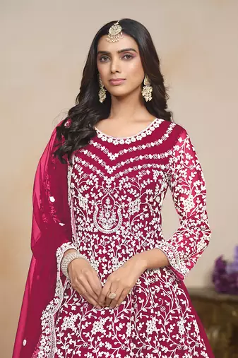 Rani pink net floor length salwar kameez