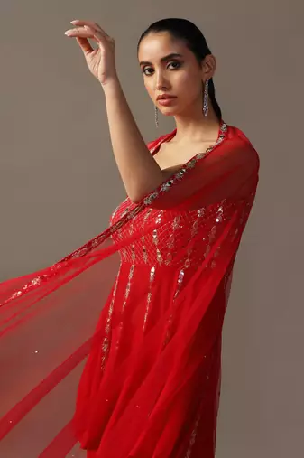Red mirrorwork gharara set
