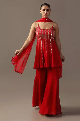 Red mirrorwork gharara set