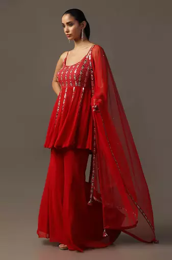 Red mirrorwork gharara set