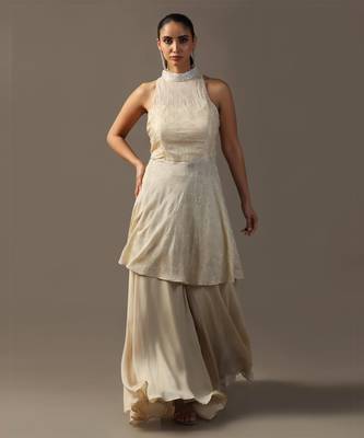 Ivory thread and sequin textured halter sharara set 1