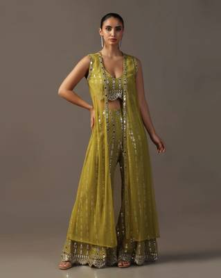Mehendi green crop top and high waisted pants with mirrorwork 1