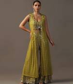 Mehendi green crop top and high waisted pants with mirrorwork