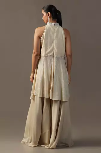 Ivory thread and sequin textured halter sharara set