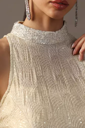 Ivory thread and sequin textured halter sharara set