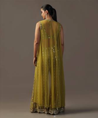 Mehendi green crop top and high waisted pants with mirrorwork 3