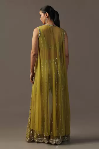 Mehendi green crop top and high waisted pants with mirrorwork