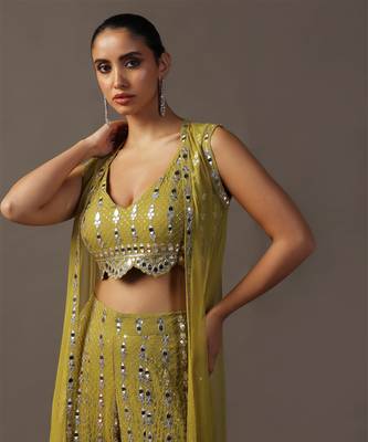 Mehendi green crop top and high waisted pants with mirrorwork 4